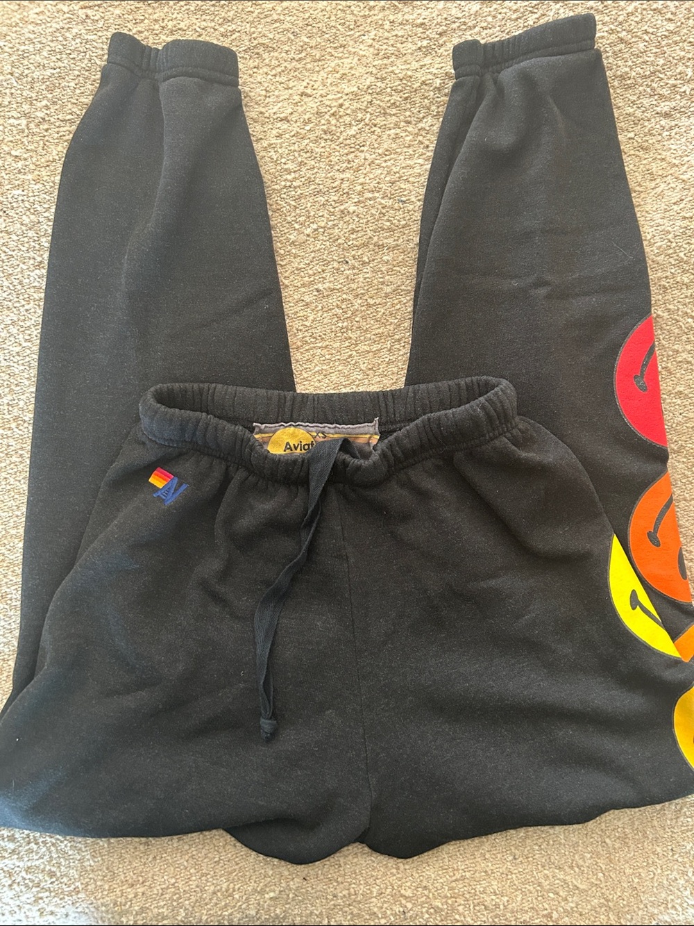 Aviator Nation Black Sweatpants with Rainbow Smiley Patch